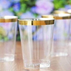 8 oz Disposable CLEAR with Gold Rim PLASTIC CUPS Wedding Party TABLEWARE SALE