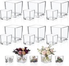 12 Pcs Square Glass Vases 4″&2.4″ Clear Cube Flower Candle Holders Bulk