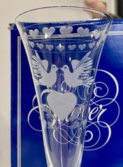 Forever Dove/ Hearts Etched Champagne Flutes Pair with Matching Bell Ornament