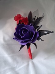 Red Black Purple Bouquet and Boutonniere, 2pc Set, Goth, Halloween
