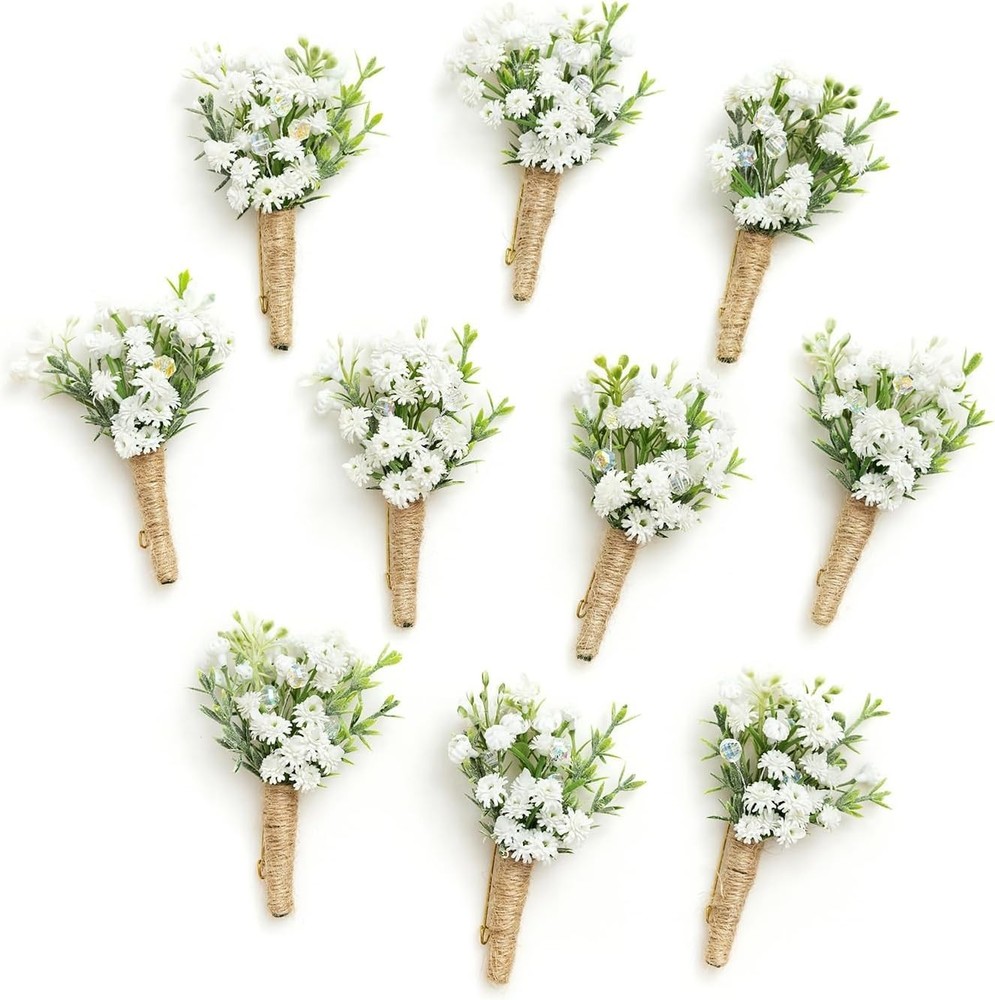 Wedding Boutonniere, 10pcs White Flower Greenery with Built-in Pins Groomsmen
