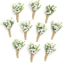 Wedding Boutonniere, 10pcs White Flower Greenery with Built-in Pins Groomsmen