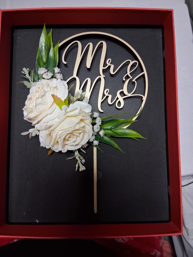 Floral Monogram Wedding Cake Topper Gold Acrylic Romantic White Greenery