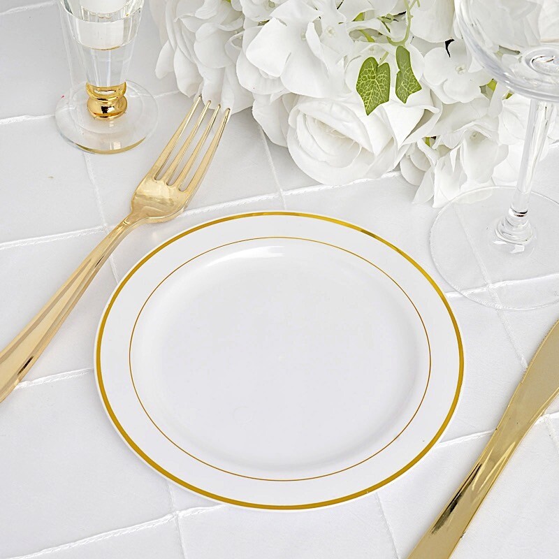 Plastic WHITE with Gold Rim 6″ PLATES Disposable Party Wedding WHOLESALE