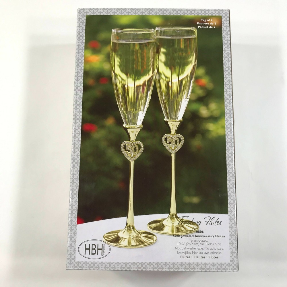 NEW HBH Company Champagne Toasting Flutes Gold Brass Plated 50th Anniversary