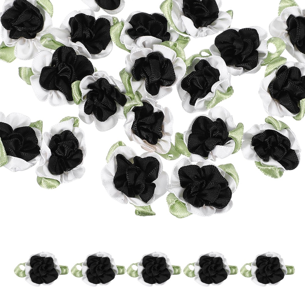 20 Pcs Ribbon Flowers, 1.2 in Fabric Flowers Satin Ribbon, White/Black