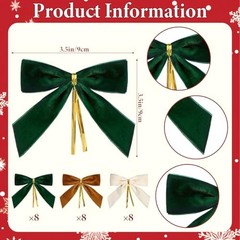 24 Pcs Velvet Christmas Bows for Christmas Tree, Green, Brown, Cream White