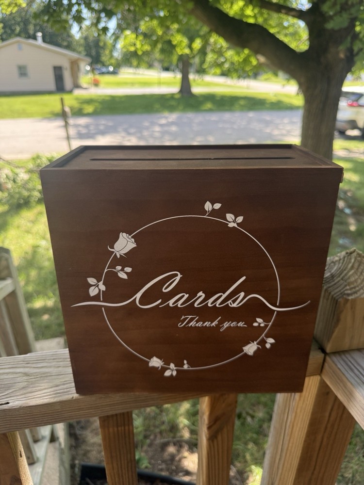Rustic Wood Wedding Card Box, Square Floral Pattern, Brown/White, Slot Top