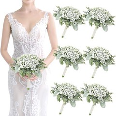 Wedding Artificial Bridesmaids Set of 6 Bridesmaid Bouquets White Gypsophila
