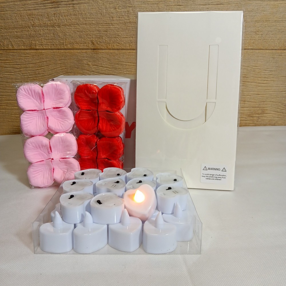 Bags Lettered w/ I LOVE YOU, Heart Shaped Lights & Red & Pink Fake Flower Petals