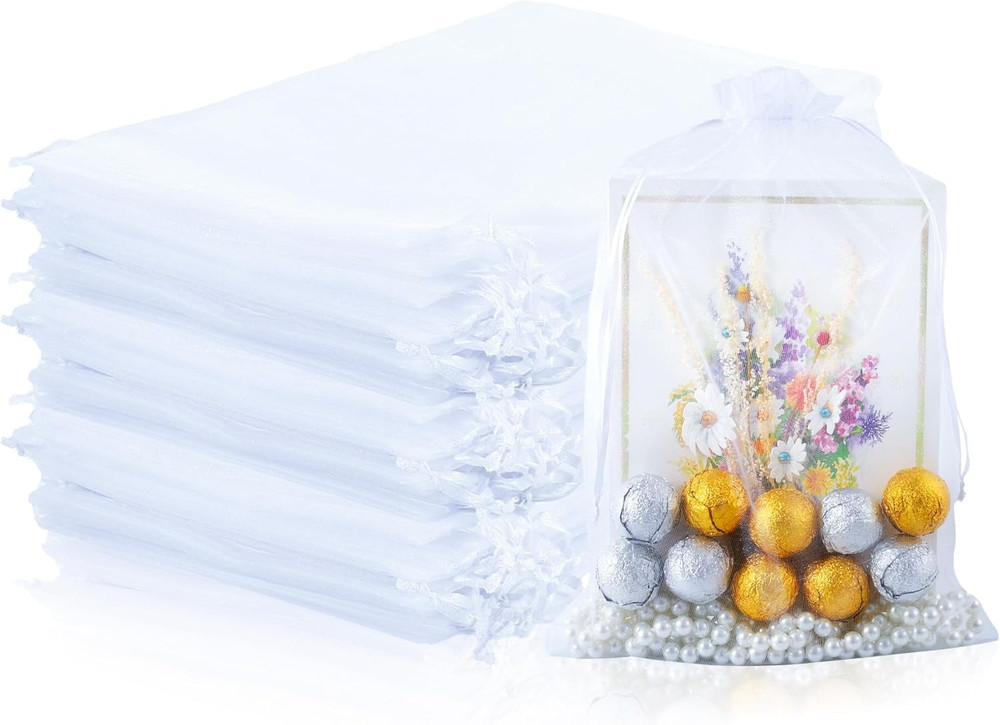 100PCS Premium Sheer Organza Bags, White Wedding Favor Bags, 6.6 x 9 inch Reusab