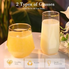 48 Pack Plastic Glasses – 24 x 9oz Stemless Champagne Flutes & Gold Rim Diamond