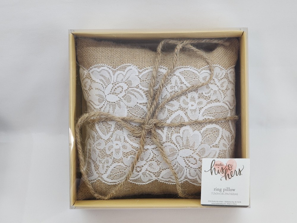 Burlap White Lace Ring Bearer Pillow Rustic Farmhouse Country Wedding Ceremony