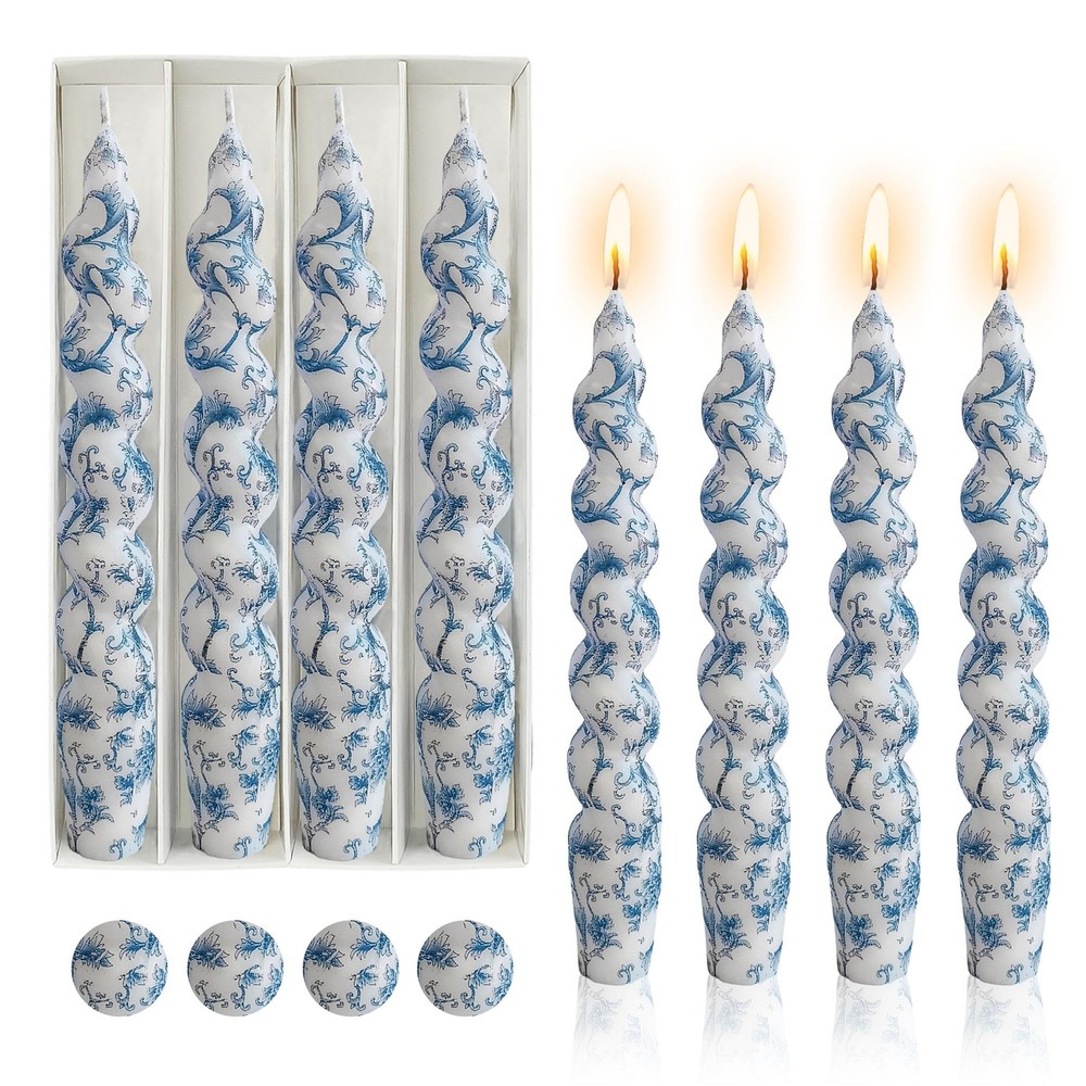 Gedengni Spiral Candle Sticks Printed Candlestick,Set of 4 Long 2D4T-BLUFLW
