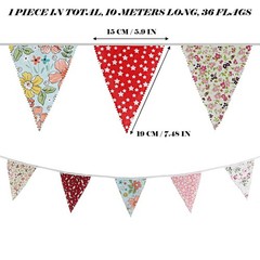 Elegant Vintage Floral Cotton Bunting Banner 10m Length with 36 Triangle Flags