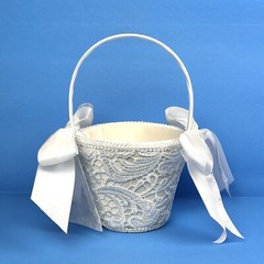 White Flower Girl Wedding Small Basket Lace~Padded~Ribbons Special Occasion