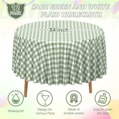 12 Pcs Sage Green Gingham Tablecloth Decorations, Disposable Round Green