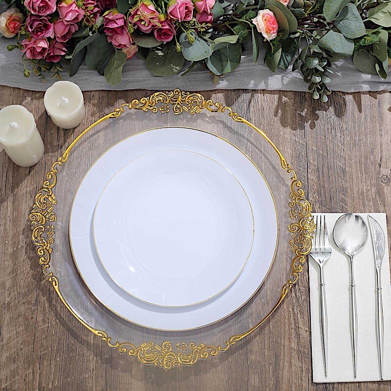 WHITE 10 Glossy 10″ Round Plastic Salad PLATES Gold Rim Party Events Decorations