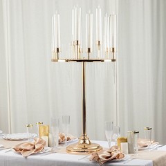 40″ Gold Clear 9 Arm Metal Candelabra Taper Candle Holder Glass Shades Party