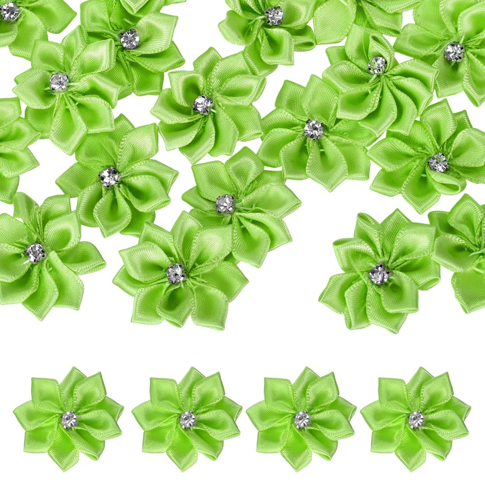 100 Pcs Ribbon Flowers, 1.2 in Fabric Flowers with Rhinestones, Green