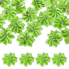 100 Pcs Ribbon Flowers, 1.2 in Fabric Flowers with Rhinestones, Green