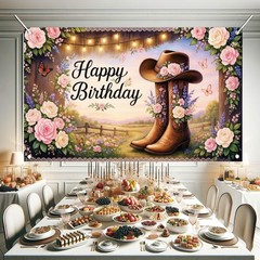 Western Cowgirl Birthday Backdrop Banner Country Boot Hat Floral Glitter Brow…