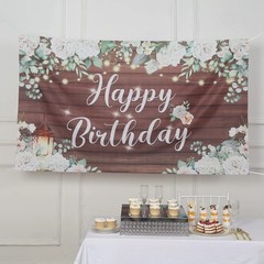 6 ft x 3 ft WHITE BROWN Wood Floral Printed Backdrop Happy Birthday BANNER Party