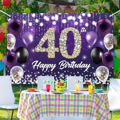 Large Happy 40th Birthday Backdrop Banner Purple Theme Decor With Shiny Diamo…