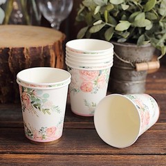 24 White 9 oz Pink Peony Flower Design Paper Cups Party Events Home Decorations