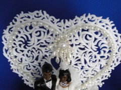New Vintage Dark skin Bride & Groom Filigree Heart Wedding CakeTop, #304