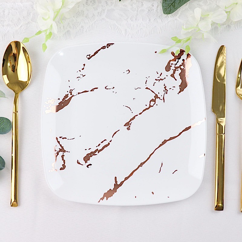 10 WHITE ROSE GOLD Square Metallic Marble Plastic Salad DINNER PLATES Party