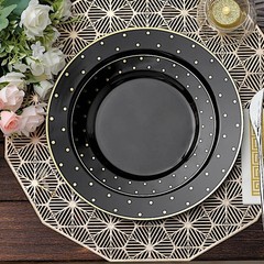 10 Round 10″ Black Plastic Dinner Plates with Gold Dotted Rim Party Catering
