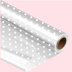 White Dot Cellophane Wrap for Hampers 100′ x 31″ with 10 Pull Bows and 2 Ribbon