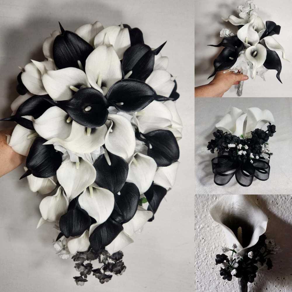 Black Ivory White Calla Lily Bridal Wedding Bouquet Accessories
