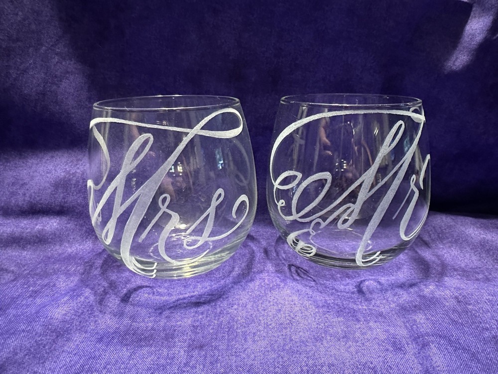 Clear Glass Etched Script Mr & Mrs Stemless Wedding Wine Glasses Set of 2