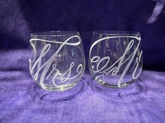 Clear Glass Etched Script Mr & Mrs Stemless Wedding Wine Glasses Set of 2