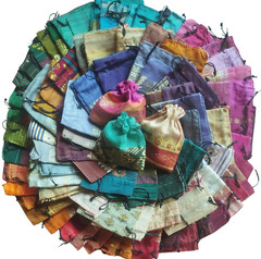 100 x 3″ x 3″ inches Recycled Indian sari fabric drawstring pouches, gift bags.