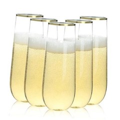 Pack 9 oz Stemless Plastic Champagne Flutes, Clear Disposable 48 Gold Rim
