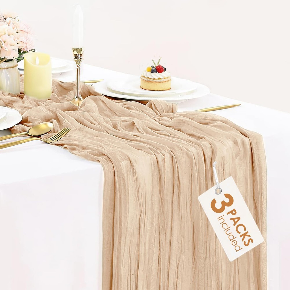 3 Pack Champagne Table Runner Summer Boho Cheesecloth Table Runner 10ft x 3pcs