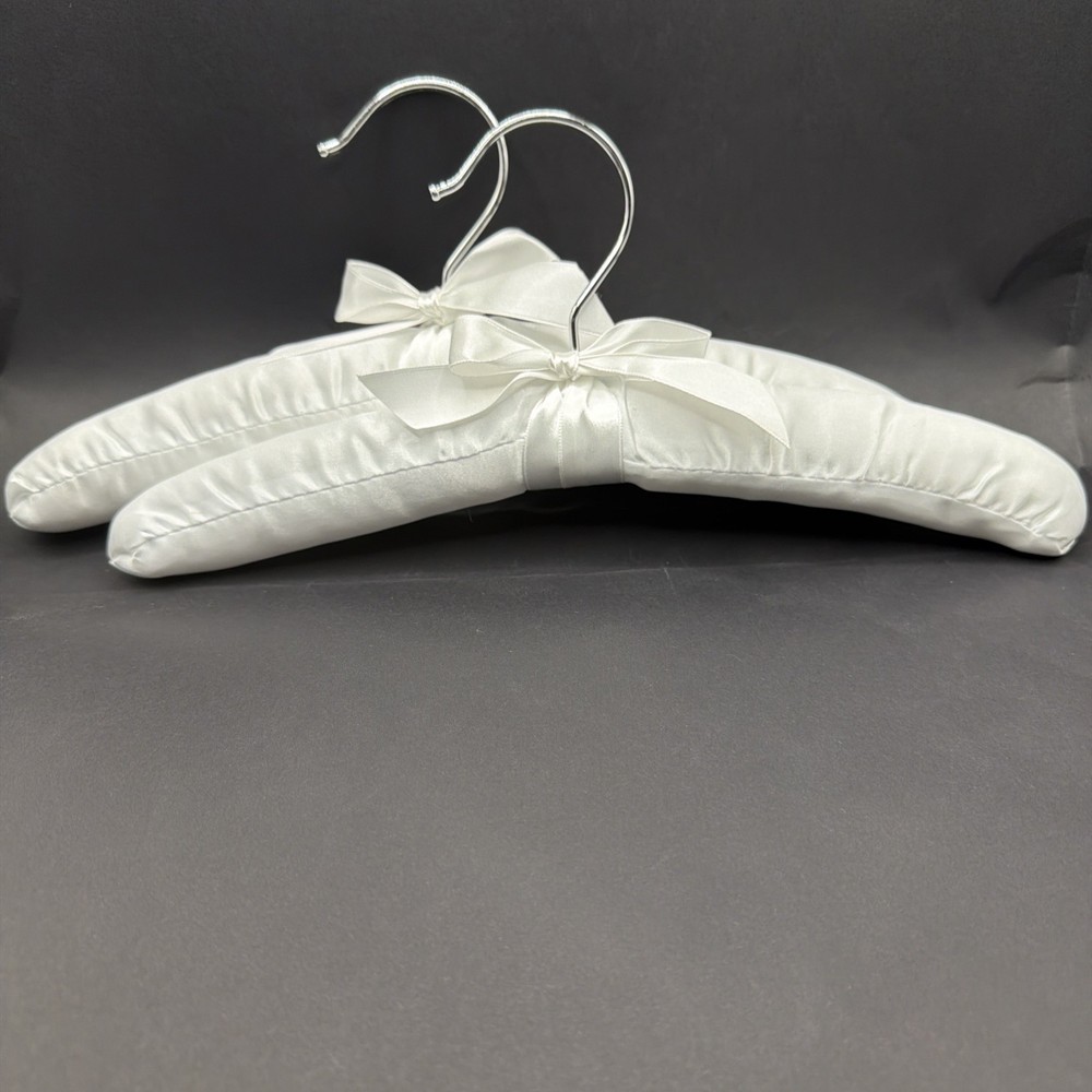 White Satin Padded Kids Hangers Set of 2 Bridal Flower Girl w Bows