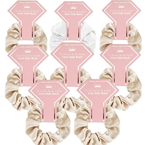 8 PACK Bridesmaid Proposal Gifts Scrunchies Hair Ties Bachelorette Beige+White