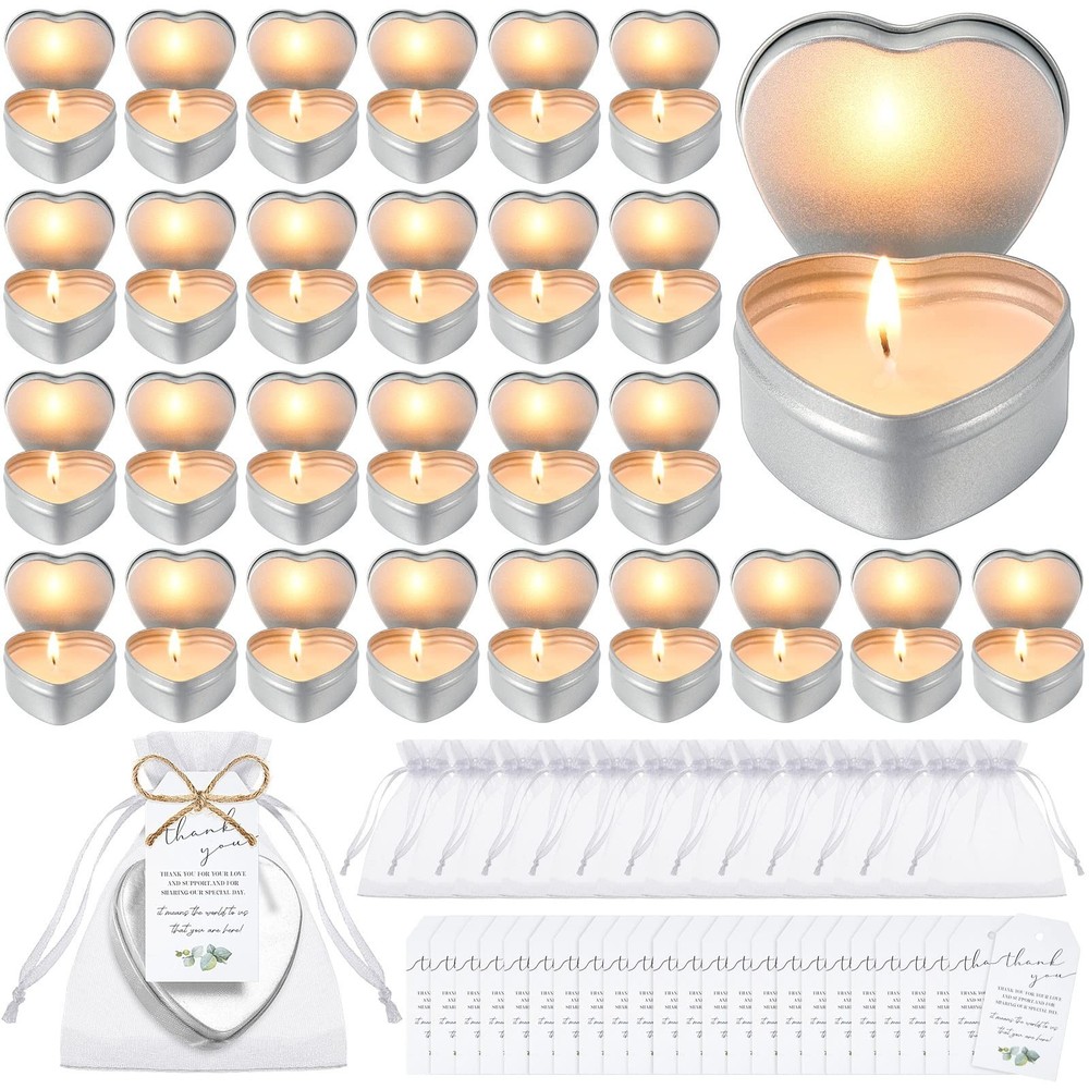 30 Sets Wedding Candle Favors – Heart Shaped Unscented Tea Lights with Gift Bags
