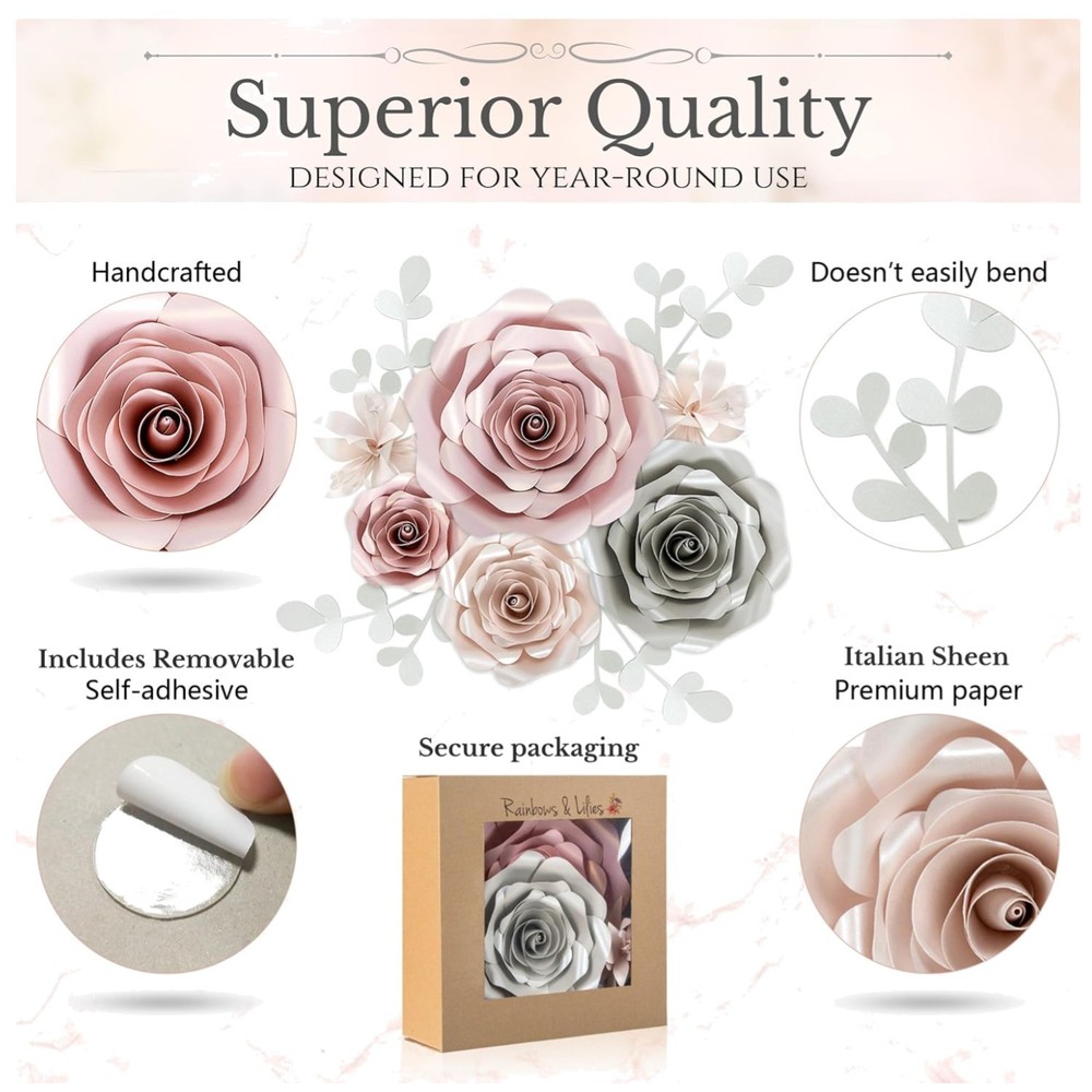 3D Paper Flower Wall Decor Set – Rose Gold Pink, Gray, Ivory