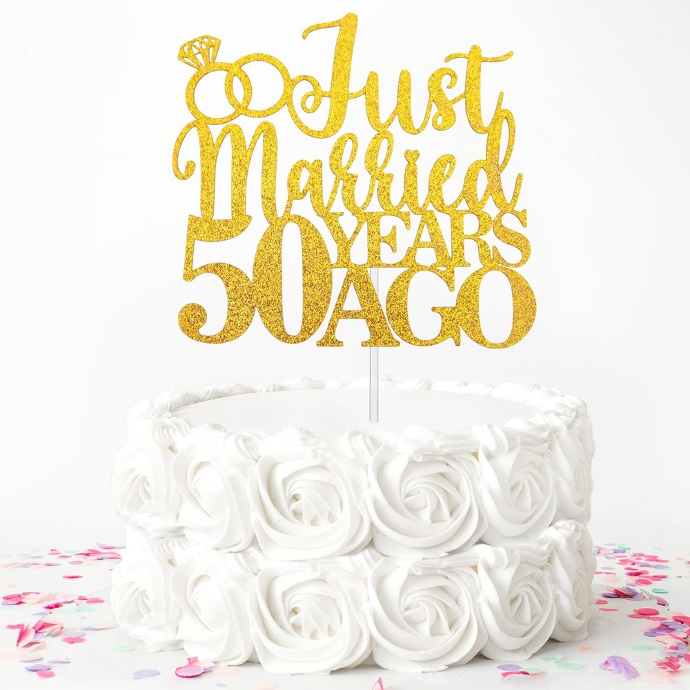 Just Married 50 Years Ago Cake Topper, Gold Glitter 50th Wedding