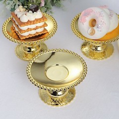 Gold 12 Plastic 5″ Round Mini Cupcake Dessert Display Stands Beaded Rim Party