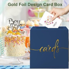 Navy Blue Card Box with Gold Foil Design for Wedding, Party, Graduation Event