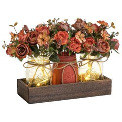 3 Pcs Mason Jar Centerpiece Decor with Wood Tray & LED Lights for Dining Room, K