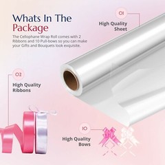 Clear Cellophane Wrap for Hampers 100′ x 31″ with 10 Pull Bows and 2 Ribbon