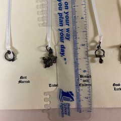 Vintage Silver Wedding Cake Pulls, 6 Charms + Ribbons on card