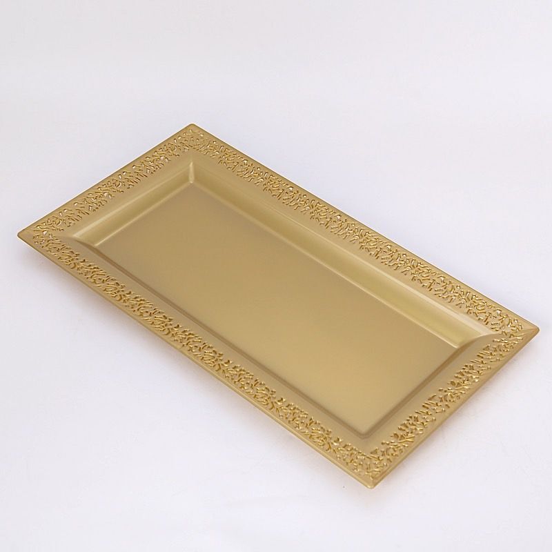 Gold 4 Plastic 14″ Rectangle Serving Trays Lace Print Rim Design Party Events